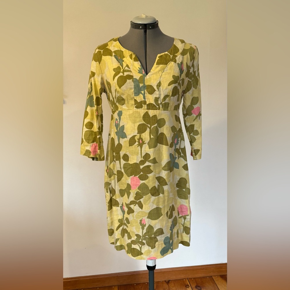 Boden Yellow and Green Wrap Sundress with 3/4 Sleeves